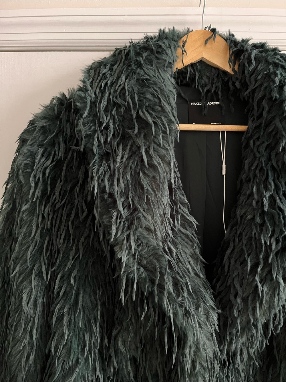 NWOT Naked Wardrobe Faux Fur Feather Long Coat Shag Jacket Emerald Green XL - Picture 4 of 7